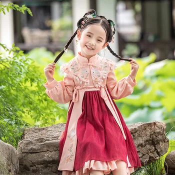 2023 Девушки с вышивкой кролика Ханфу в ретро-китайском стиле Платья-юбки принцессы Vestido Kids Tang Suit Костюм