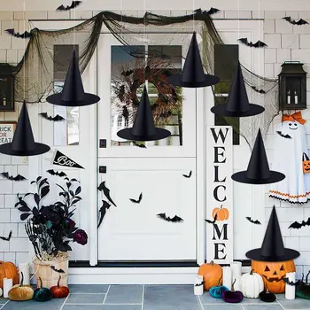 5/10/20шт Подвесные колпаки для ведьм на Хэллоуин, черная Оксфордская шляпа с 40-метровой подвесной веревкой для украшения вечеринки на Хэллоуин на открытом воздухе