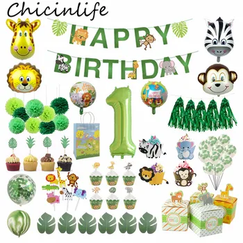 Chicinlife Jungle Party Топперы для кексов Баннер Воздушный Шар Бумажные Пакеты Коробка конфет Дикое Сафари Принадлежности для украшения вечеринки на 1-й День Рождения