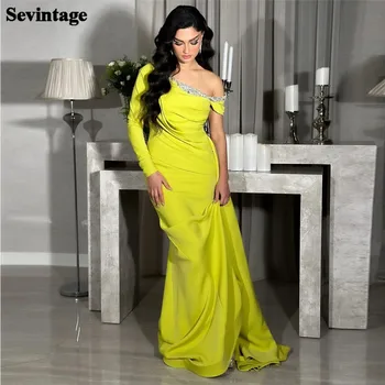 Атласные платья для выпускного вечера Sevintage цвета Шартрез, Саудовская Аравия, плиссированное вечернее платье на одно плечо, женские наряды, вечерние платья