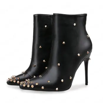 Женские ботинки на шпильке с острыми шипами, Женские ботинки из искусственной кожи, Модные ботильоны на высоком каблуке с заклепками, однотонная женская обувь, Размер 45