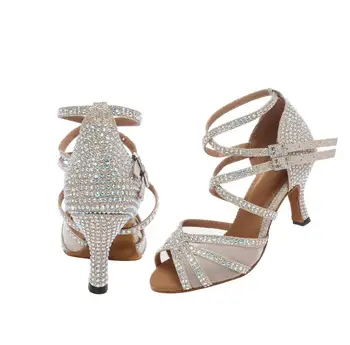 Женские танцевальные туфли для взрослых, туфли для латиноамериканских танцев, танцевальные туфли на высоком каблуке цвета шампанского 7,5 см