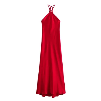 Женское атласное платье на бретельках без рукавов, красные Длинные платья для женщин, сексуальные вечерние платья с открытыми плечами, вечернее платье с открытой спиной