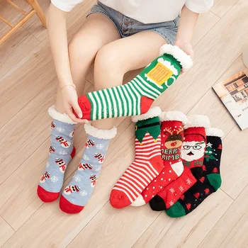 Зимние Рождественские носки в пол с очень толстыми взрослыми мужскими и женскими тапочками для сна из овечьей кожи