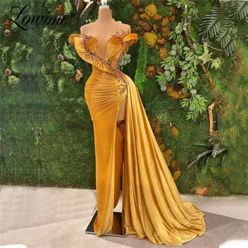 Золотые вечерние платья, платье знаменитостей Дубайского дизайна Abendkleider 2021, платья для выпускного вечера из хрусталя от Кутюр с высоким разрезом сбоку, вечернее платье