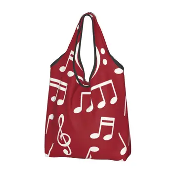 Кавайные Белые Музыкальные ноты на красном фоне Сумки-тоут для покупок Портативная музыкальная сумка для покупок на заказ