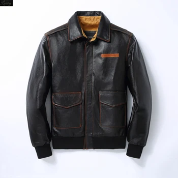 Кожаная куртка A2 мужская классическая черная с верхним слоем из воловьей кожи бейсбольная модная натуральная зимняя куртка