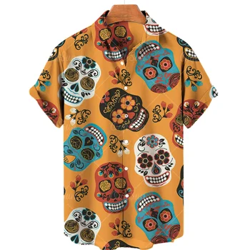 Летние мужские рубашки для отдыха, модные пляжные рубашки с принтом черепа, готические топы оверсайз с коротким рукавом, Гавайские рубашки Мужские 2023
