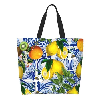 Лимон на синей керамической плитке, сумки для покупок в продуктовых магазинах, холщовая сумка для покупок, большая вместительная портативная летняя сумка для цитрусовых