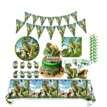 Набор одноразовой посуды на День рождения динозавра Тарелки с динозавром Чашки Салфетки Баннер для мальчиков Украшение вечеринки с динозавром Сафари в джунглях