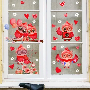 Наклейка Love Red Owl на День Святого Валентина, Статическая наклейка на Стеклянную дверь, Двусторонняя Видимая витрина, Домашний Праздничный декор