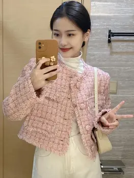 Новая Весенне-осенняя Винтажная куртка из Розового твида, пальто, женские Короткие пальто с кисточками в Корейском стиле, Элегантная верхняя одежда A29