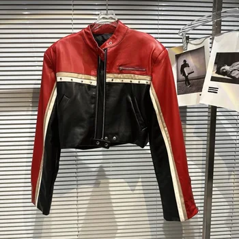 Новая весенняя коллекция 2023 года, длинный рукав, воротник-стойка, Черно-красная куртка из искусственной кожи в стиле пэчворк, женское короткое пальто GH331