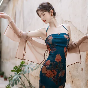 Сексуальное Тонкое вечернее платье Cheongsam синего цвета из жаккарда с цветочным узором, новое Женское Ципао в китайском стиле, классическое элегантное банкетное платье