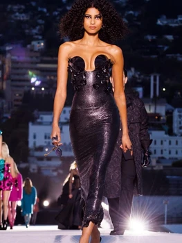Сексуальное Черное Длинное платье с V-образным вырезом и открытой спиной, без бретелек, с 3D цветочным дизайном, Женское Тонкое платье с пайетками, Элегантное Вечернее платье