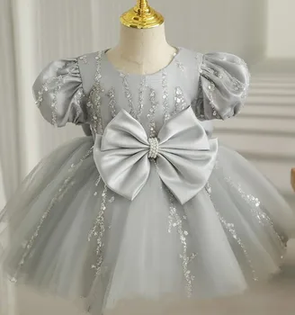 Серое тюлевое пышное праздничное платье для маленьких девочек, пачка для малышей, платья принцессы на 1-й день рождения для девочек, Свадебное платье для выпускного вечера, Рождественское платье