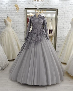 Элегантное мусульманское свадебное платье с 3D цветочными аппликациями, Длинные рукава, высокий вырез, свадебные платья трапециевидной формы, Индивидуальный цвет, Арабское платье Vestido De Novia