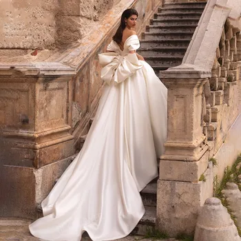 Элегантное Свадебное платье 2 В 1 С бантом 2023, Милое, С открытыми плечами, Атласное, Трапециевидной формы, Придворный Шлейф, Платье Принцессы Vestidos De Novia