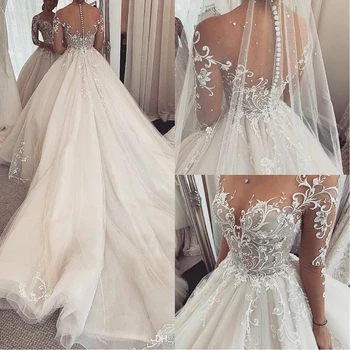 Элегантные кружевные свадебные платья Robe De Mariee Прозрачное свадебное платье с длинным рукавом, сшитое на заказ платье невесты Illusion A Line