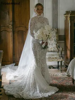 Элегантные свадебные платья русалки с длинным рукавом и пышным кружевом, иллюзия высокой шеи, открытая спина, свадебные платья Robe De Mariée