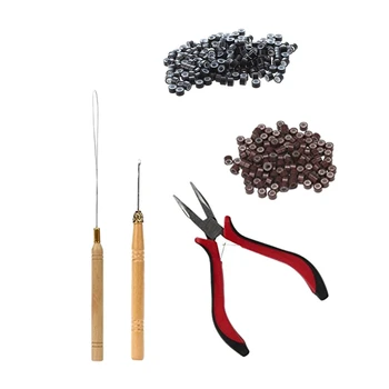 1 Набор инструментов для наращивания волос, зажимной крючок, булавка и 200 шт черных бусин с микро-кольцами на силиконовой подкладке толщиной 5 мм