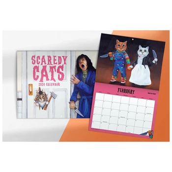 1 Штука Ежемесячного Календаря Scaredy Cats на 2024 год, Как Показано Примерно 21x29 см, Пародия На Кошку Из Фильма Ужасов, 12-Месячный Настенный Календарь