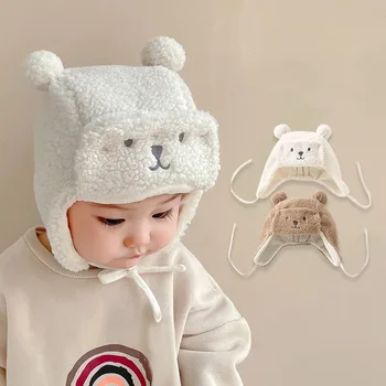 2023 Зимняя плюшевая шапка с медвежонком, толстая теплая детская шапочка-бини в Корейском стиле, детская мягкая детская шапочка-капор для девочек и мальчиков 0-36 м