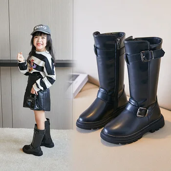 2023, Осенне-зимние Модные Черные Кожаные сапоги Для девочек, Детские Простые сапоги до колена с пряжкой, Детские Зимние ботинки, Резиновая обувь Принцессы