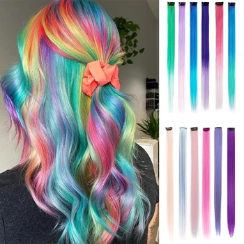 6 шт./упак. Цветные вечерние заколки для наращивания волос для девочек, 22 дюйма, разноцветные прямые волосы, синтетические шиньоны