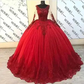 ANGELSBRIDEP Красные Пышные платья Бальное платье с прозрачными длинными рукавами, Расшитое бисером, Сверкающее Мексиканской сладостью 16 платьев 15 Anos HOT