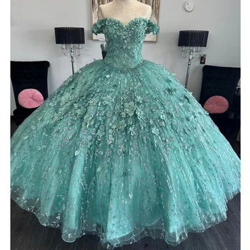 ANGELSBRIDEP Шалфейно-зеленые пышные платья с плащом, 3D цветочные платья, расшитые бисером, кружевные платья принцессы для вечеринки по случаю дня рождения, большие размеры
