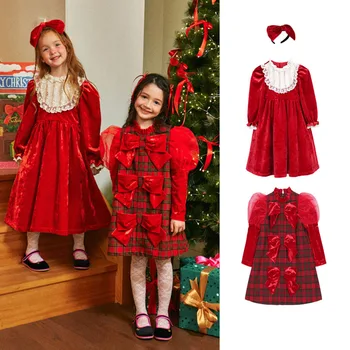 BEBEBEBE 2023, Осенне-зимнее новое красное бархатное кружевное платье для девочек, Рождественское красное платье принцессы Лолиты