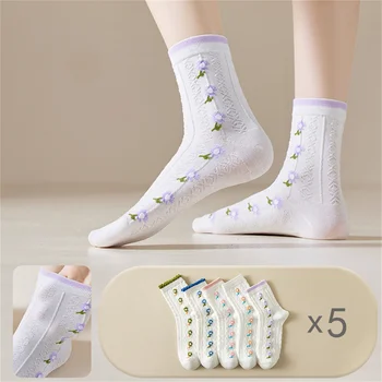 Dreamlikelin, 5 пар / лот, осенне-зимние носки в корейском стиле, женские повседневные носки средней длины с цветочным принтом для женщин и девочек