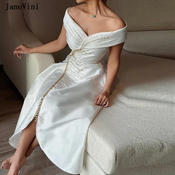 JaneVini Элегантные Арабские Белые вечерние платья трапециевидной формы, расшитые бисером, с открытыми плечами, Чайная длина, Роскошное платье в Дубае для женщин, вечеринка