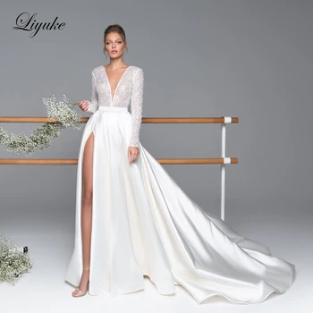 Liyuke Глубокий V-образный вырез из блестящих бусин, Кружевное Свадебное платье Трапециевидной формы с разрезной юбкой, свадебное платье с длинным рукавом