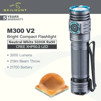 SKILHUNT M300 V2 (нейтрально-белая версия, 5000 К, Ra90) Яркий компактный фонарик CREE XHP50.2 светодиода, 3000 люмен, перезаряжаемый 21700