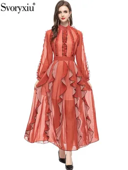 Svoryxiu Весенне-летняя модная вечеринка, элегантное макси-платье, женский воротник-стойка, рукава-фонарики, воланы, великолепные платья с большими распашками