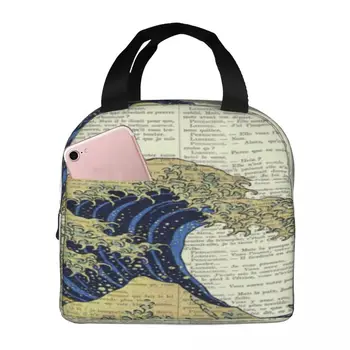 The Great Wave Off Kanagawa Book Page Art Print Madame Memento Lunch Tote, Термосумка, ланч-бокс, Кавайная сумка для ланча