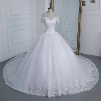 Аппликации с открытыми плечами Свадебное платье с жемчугом Плюс размер Vestido De Noiva 2023 Свадебные платья с длинным шлейфом Свадебные платья из тюля