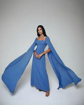Благородно-синее выпускное платье с открытыми плечами, рукава-шаль длиной до щиколоток, Вечернее Летнее элегантное вечернее платье для Женщин2023