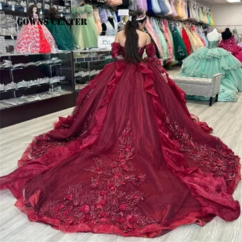 Блестящее Бордовое Пышное платье, Бальное платье с 3D цветочной аппликацией, бусины, Оборки, Корсет Sweet 16 Vestido De 15 Anos
