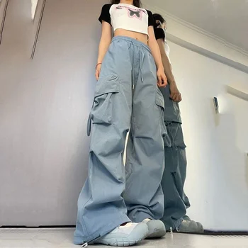 Брюки-карго, женская уличная одежда с высокой талией, хип-хоп Брюки Y2K, Свободные повседневные карманы в американском стиле 90-х, Модные женские брюки