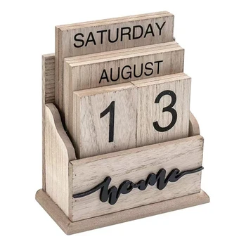 Вечный календарь Деревянный Винтажный календарь на деревянных блоках для домашнего офиса Украшения стола Отображение недели Месяца Даты