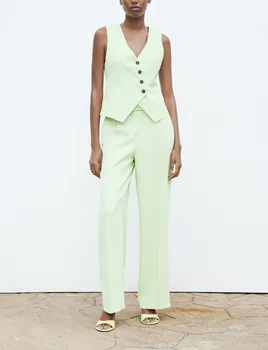 Винтажный Повседневный Зеленый однотонный женский костюм, однобортный жилет без рукавов с V-образным вырезом, Прямые брюки, Новые летние комплекты моды 2023 года