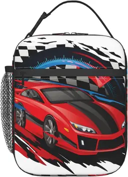 Гоночные автомобили с клетчатыми флагами Многоразовый ланч-бокс Изолированный Герметичный Ланч-бокс с переносной сумкой для пикника в офисе