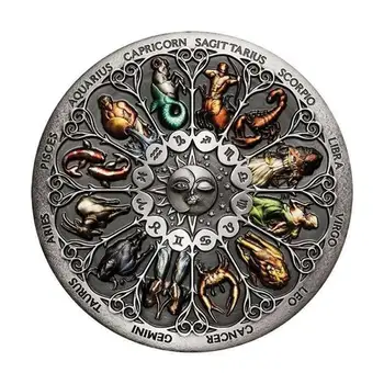 Двенадцать Созвездий Серебряная монета вызова Горельеф Тувалу Старинная серебряная монета Красочные сувенирные монеты Коллекционная Подарочная монета