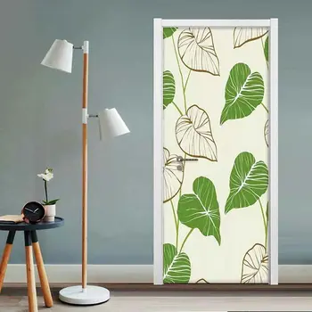 Дверная наклейка с зелеными листьями, Наклейка на дверь в виде тропических пальмовых листьев, Съемная настенная роспись из натуральных растений, Плакат, Обои, Декор для гостиной, спальни