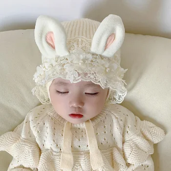 Детская шапка осенне-зимняя утолщенная двухслойная кружевная мягкая вязаная шапка принцессы теплая защита ушей для девочек шерстяная шапка baby