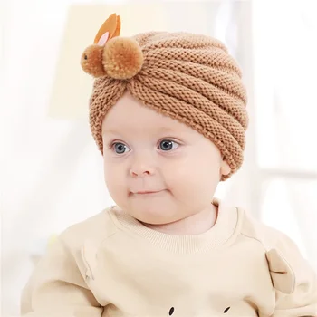Детская шерстяная вязаная шапка, осень-зима, теплая детская шапка для детей 0-3 лет, однотонная шапка с милым кроликом, детская шапочка-бини
