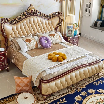 Европейская кожаная кровать, спальня, большая кровать, простая роскошная вилла, двуспальная кровать из массива дерева, первый этаж